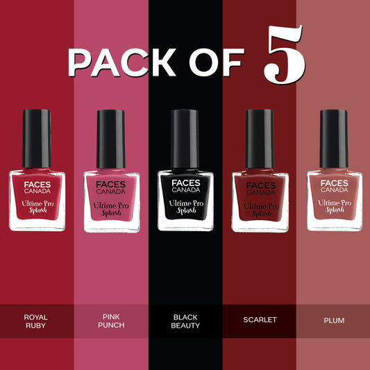 Faces Canada Ultime Pro Splash Mini Nail Polish Combo Pack of 5 – Black Beauty + Plum + Royal Ruby + Pink Punch + Scarlet - image 2