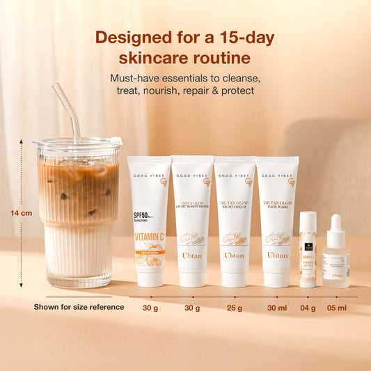 Good Vibes All Day De-Tan Glow Kit | Ubtan for Instant Glow & De-Tan Care kit | for Bright, Even & Tan-Free Skin | SPF 50 Sun Protection | Complete Daily Ubtan Ritual| All Skin Types Pack of 6 - Good Vibes image 2