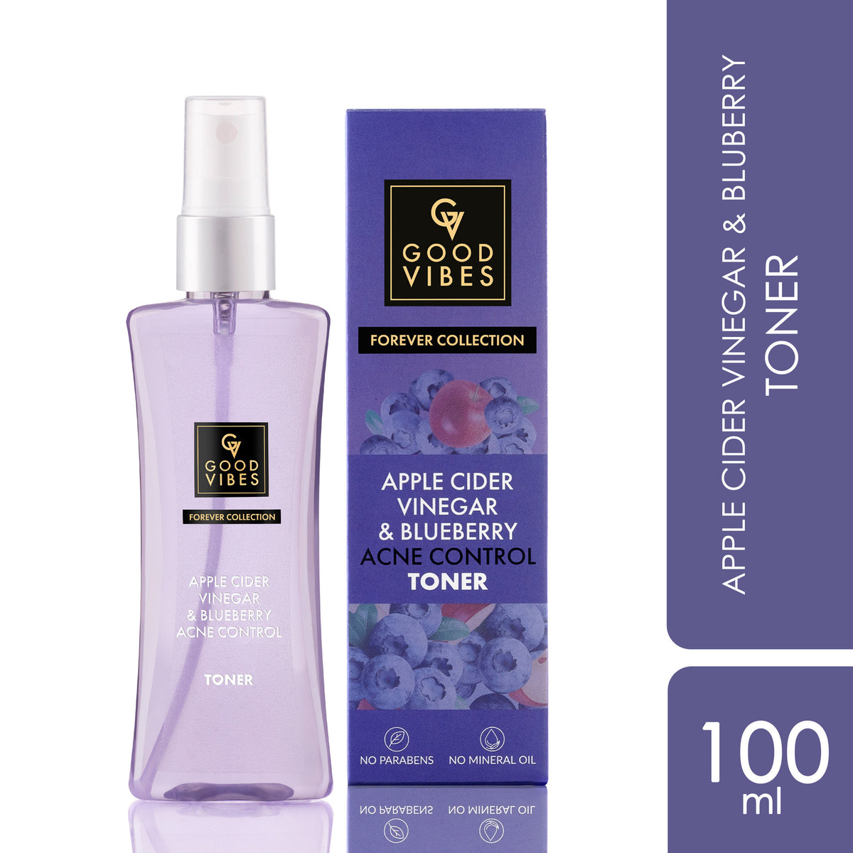 Good Vibes Apple Cider Vinegar & Blueberry Anti Acne Toner | Forever Collection | Control sebum, Pore tightening| Vegan, No Parabens, No Sulphates, No Mineral Oil, No Silicones, No Animal Testing (100 ml) - Good Vibes