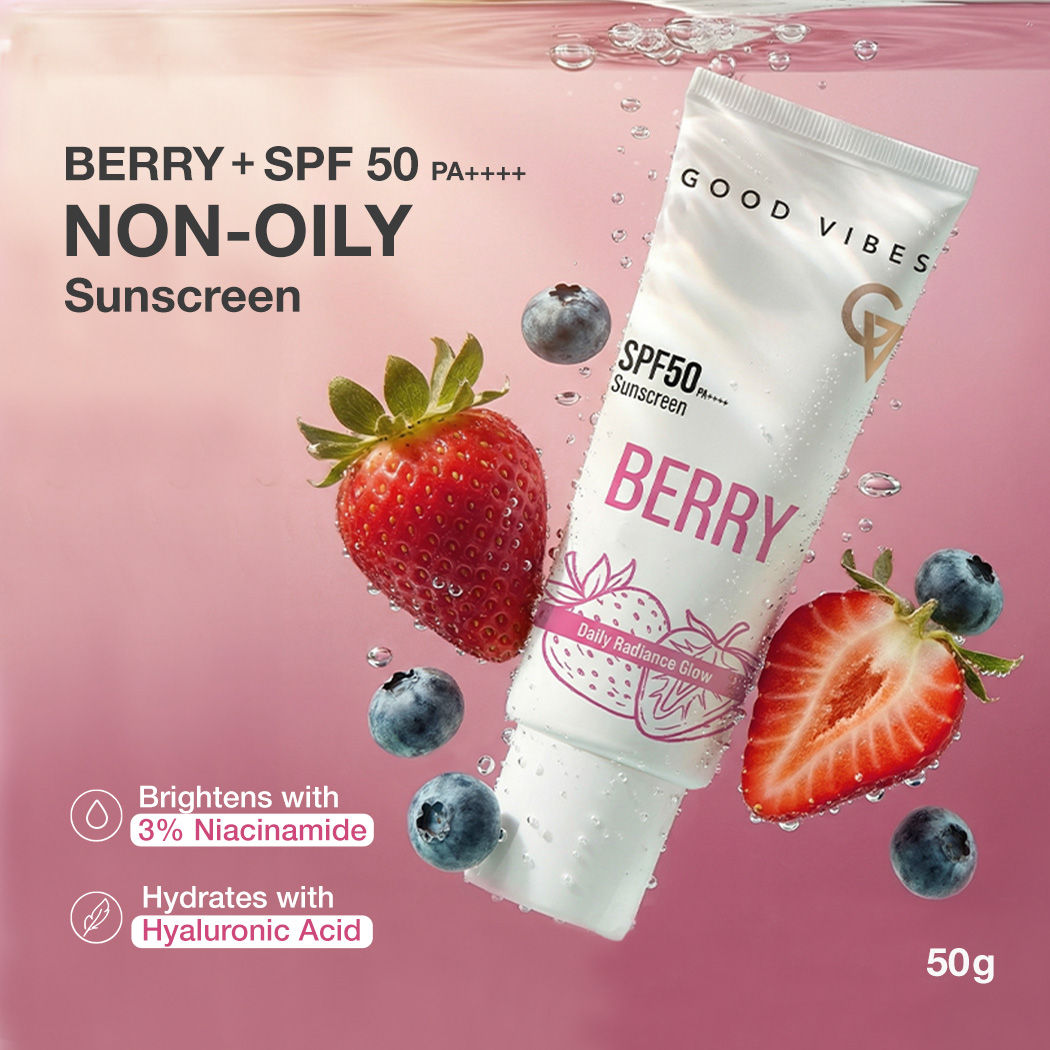 Good Vibes Berry Brightening Sunscreen SPF 50 PA++++ | With Strawberry & Blueberry Extracts | Powered by 3% Niacinamide & Hyaluronic Acid | Daily Radiance Glow | Lightweight Non-Sticky | No White Cast | Broad Spectrum UVA & UVB Protection | 50 gm - Good Vibes