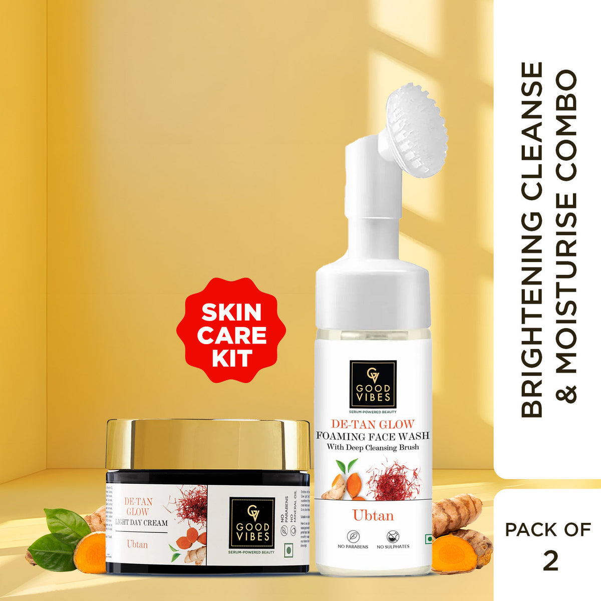 Good Vibes Brightening Cleanse & Moisturise Combo | Untan De-Tan Foaming Face Wash 150ml | Ubtan De-Tan Day Cream 50g - Combo of 2 - Good Vibes