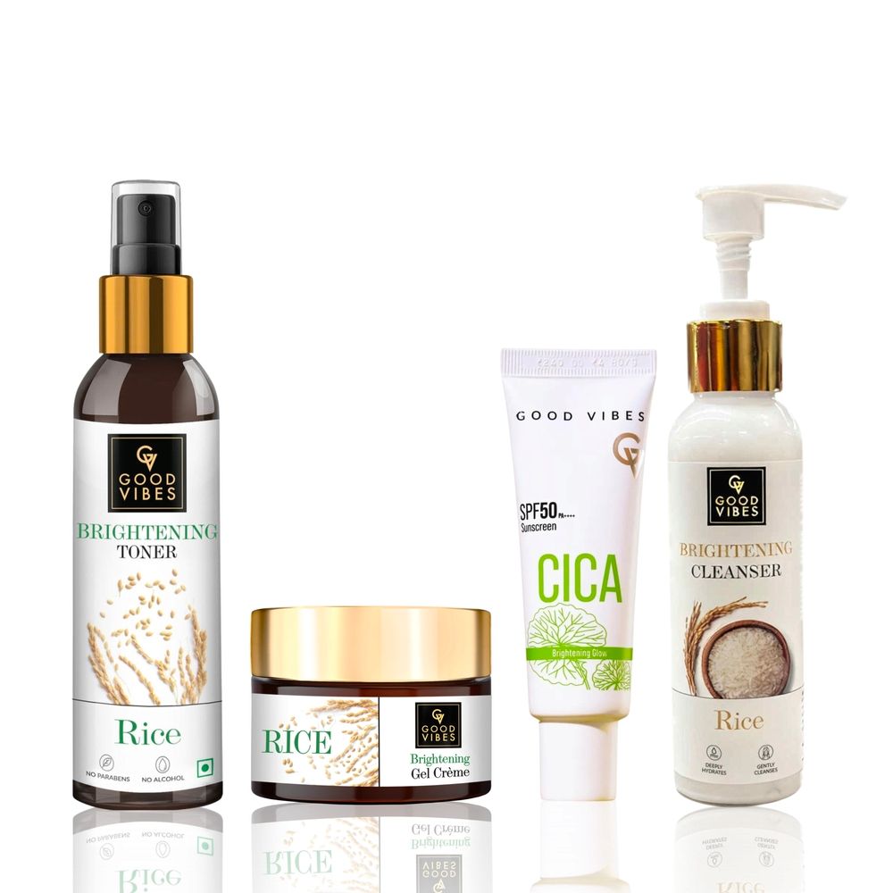 Good Vibes Brightening CTMS Combo (Rice Brightening Face Cleanser-120 gm + Rice Brightening Toner-120 ml + Rice Brightening Gel Creme-50 gm + CICA Brightening Glow Sunscreen-50 gm) Combo of 4 - Good Vibes