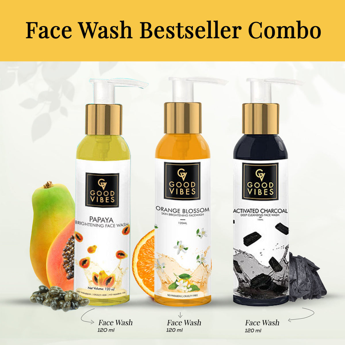Good Vibes Face Wash Bestseller Combo (Papaya Face Wash 120 ml + Activated Charcoal Face Wash 120 ml + Orange Blossom Face Wash 120 ml) - Good Vibes