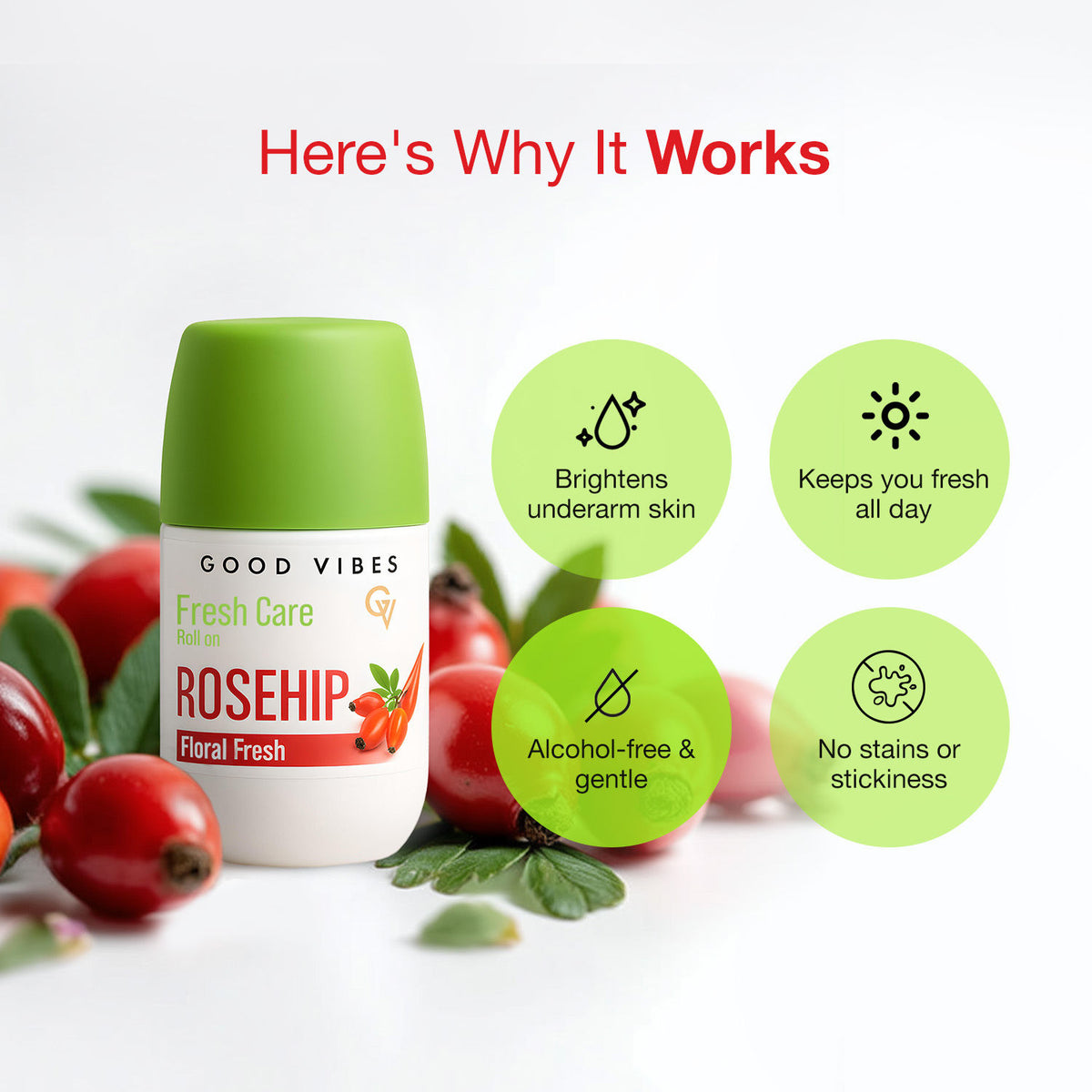 Good Vibes Fresh Care Rosehip Underarm Roll On – Floral Fresh | Brightening, Soothing & Hydrating | Alcohol-Free, Aluminium-Free | Odour & Sweat Protection | Stain-Free Deodorant Roll-On | Gentle on Sensitive Skin – 50 ml - Good Vibes image 5