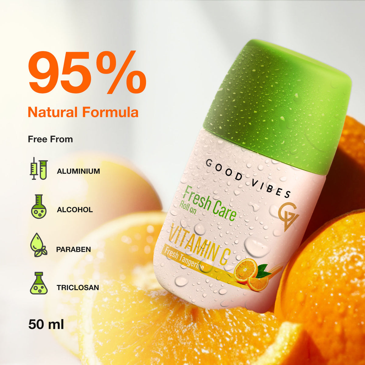 Good Vibes Fresh Care Vitamin C Underarm Roll On – Fresh Tangerine | 95% Natural Formula | Brightening & Odour Control | Alcohol-Free & Aluminium-Free | Hydrating & Stain-Free Deodorant | Gentle on Sensitive Skin – 50 ml - Good Vibes
