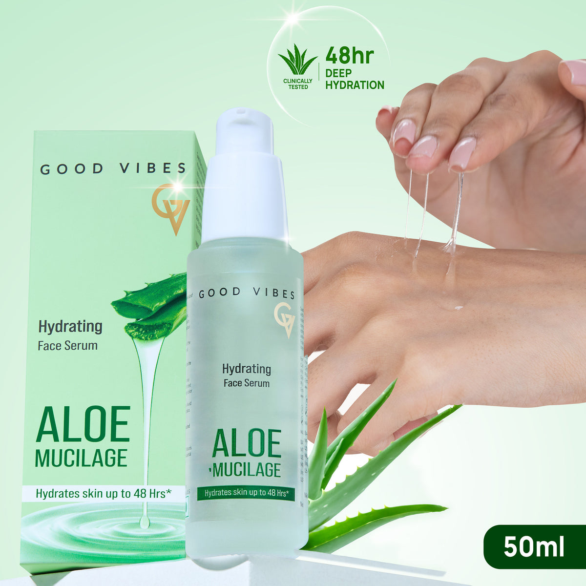 Good Vibes Aloe Mucilage Hydrating Serum | 48-Hour Deep Hydration | Soft & Moisturized Skin | Natural Mucin Alternative for Healthy Skin | Reduces Signs of Aging | Perfect for Skin & Hair | 50 ml - Good Vibes