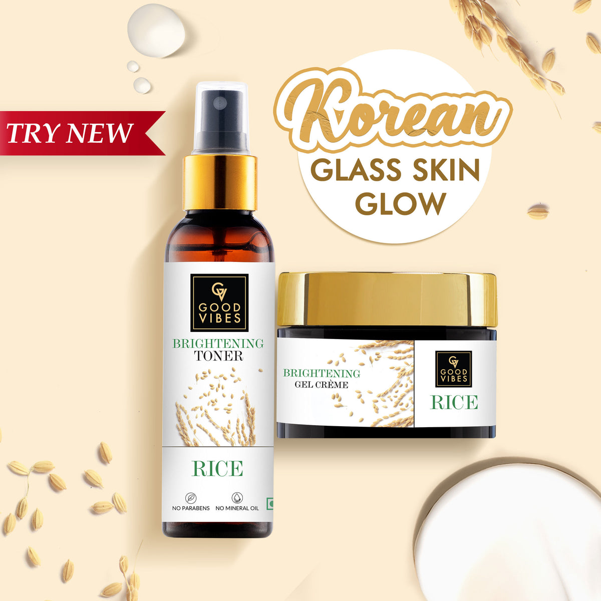 Good Vibes Korean Rice Water Glow | Brightening Gel Creme(50 gm) and Toner(120 ml)| Soothing | Combo. - Good Vibes