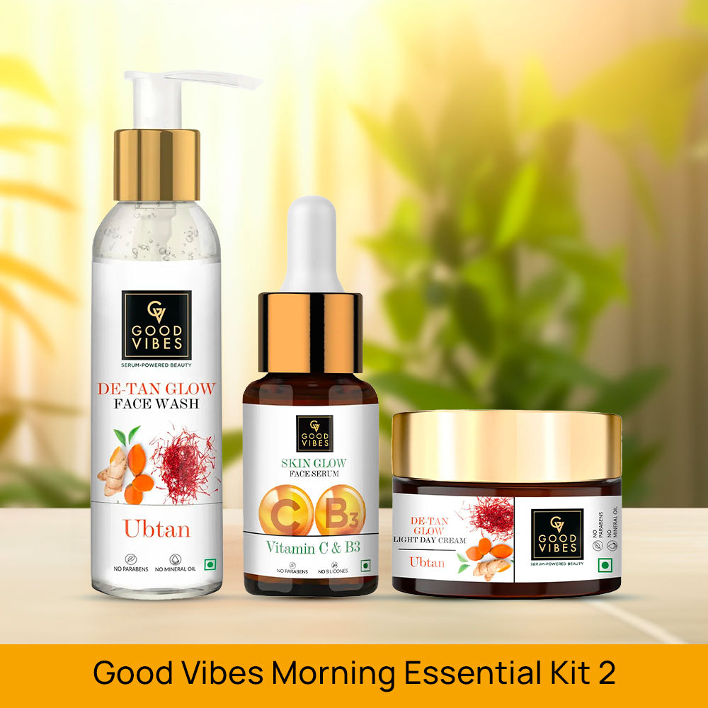 Good Vibes Morning Essential Kit 2 - Ubtan De Tan Glow Face Wash (120 ml) + Vitamin C & B3 (Niacinamide) Skin Glow Face Serum (10 ml) + Ubtan De-tan Glow Light Day Cream (50 gm) Combo of 3 - Good Vibes