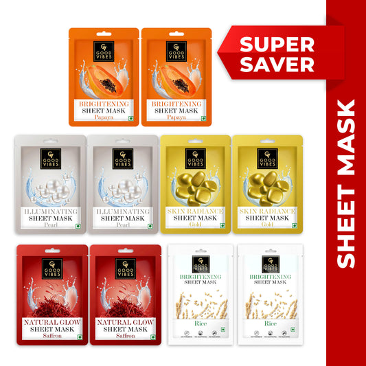 Good Vibes Natural Glow Sheet Mask Pack of 10 (2 each Saffron Glow + Illuminating Pearl + Skin Radiance Gold + Rice Brightenting + Hydrating Papaya) (20g x 10) - Good Vibes image 2