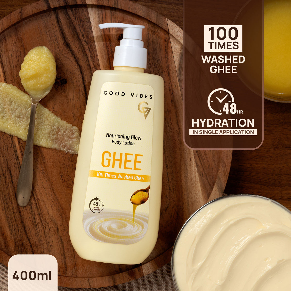 Good Vibes Nourishing Glow Ghee Body Lotion with Shata Dhauta Ghrita (100 Times Washed Ghee) | 48-Hour Hydration in a Single Use | Skin Barrier Repair | Lightweight, Non-Greasy Formula | Suitable for All Skin Types (400 ml) - Good Vibes