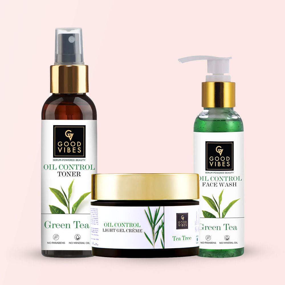 Good Vibes Oil Control Combo (Oil Control Green Tea Face Wash-120 ml + Green Tea Oil Control Toner- 120 ml + Tea Tree Oil Control Light Gel Creme-50 gm) Combo of 3 - Good Vibes