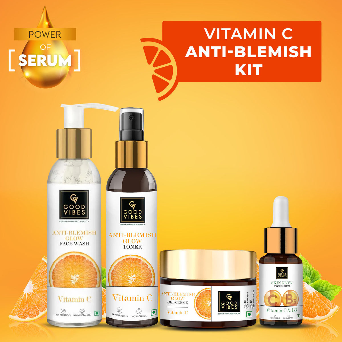 Good Vibes Anti Blemish Vitamin C CTSM Combo (Set of 4) (Face wash 120 ml + Toner 120 ml + Serum 10 ml + Moisturizer 50 gm ) - Good Vibes