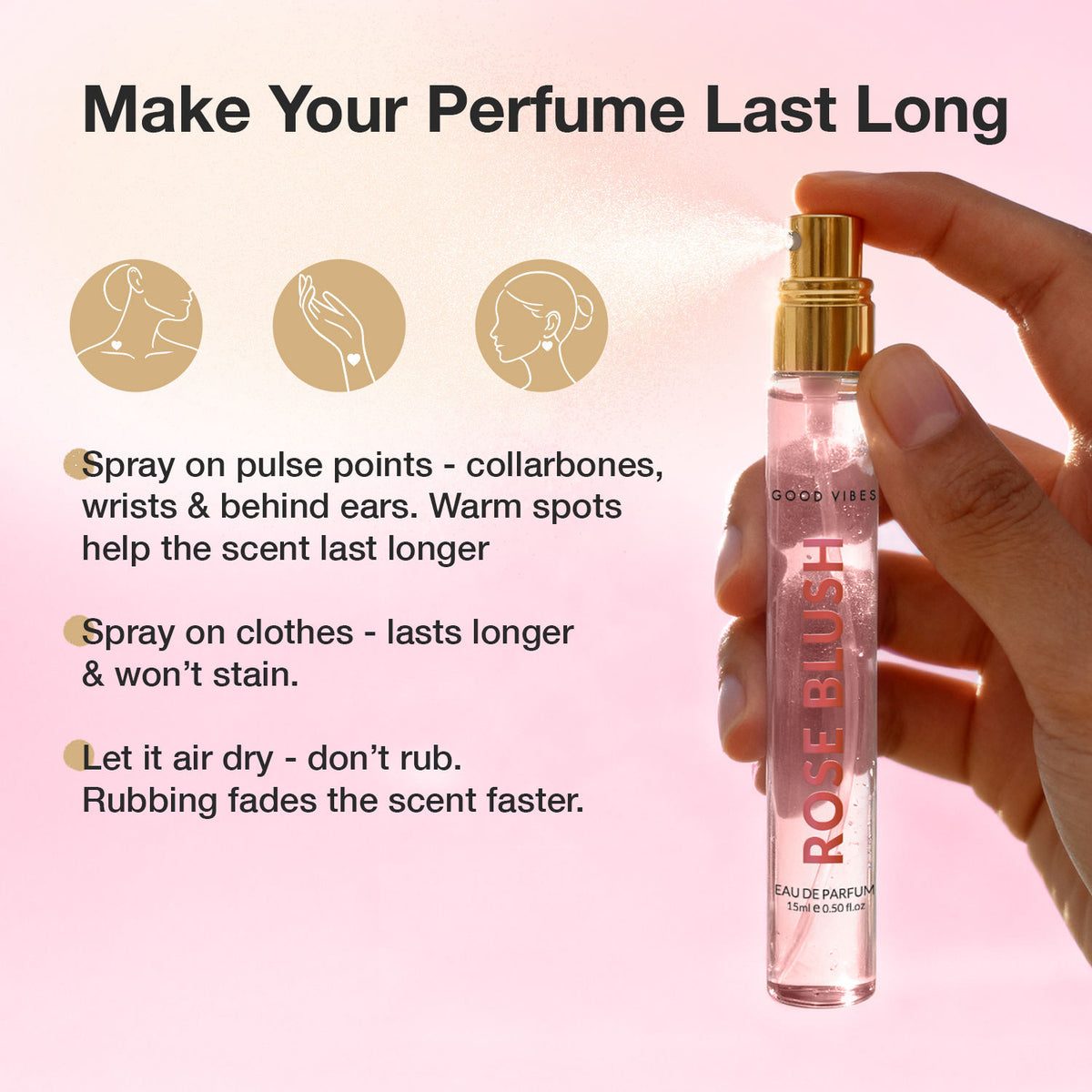 Good Vibes Rose Blush Eau de Parfum – Rose & Vanilla Musk | Soft Floral Perfume | Romantic, Elegant & Sweet Scent | Long-Lasting up to 10 Hours | Travel-Friendly Feminine Pocket Perfume for Women – 15 ml - Good Vibes image 5
