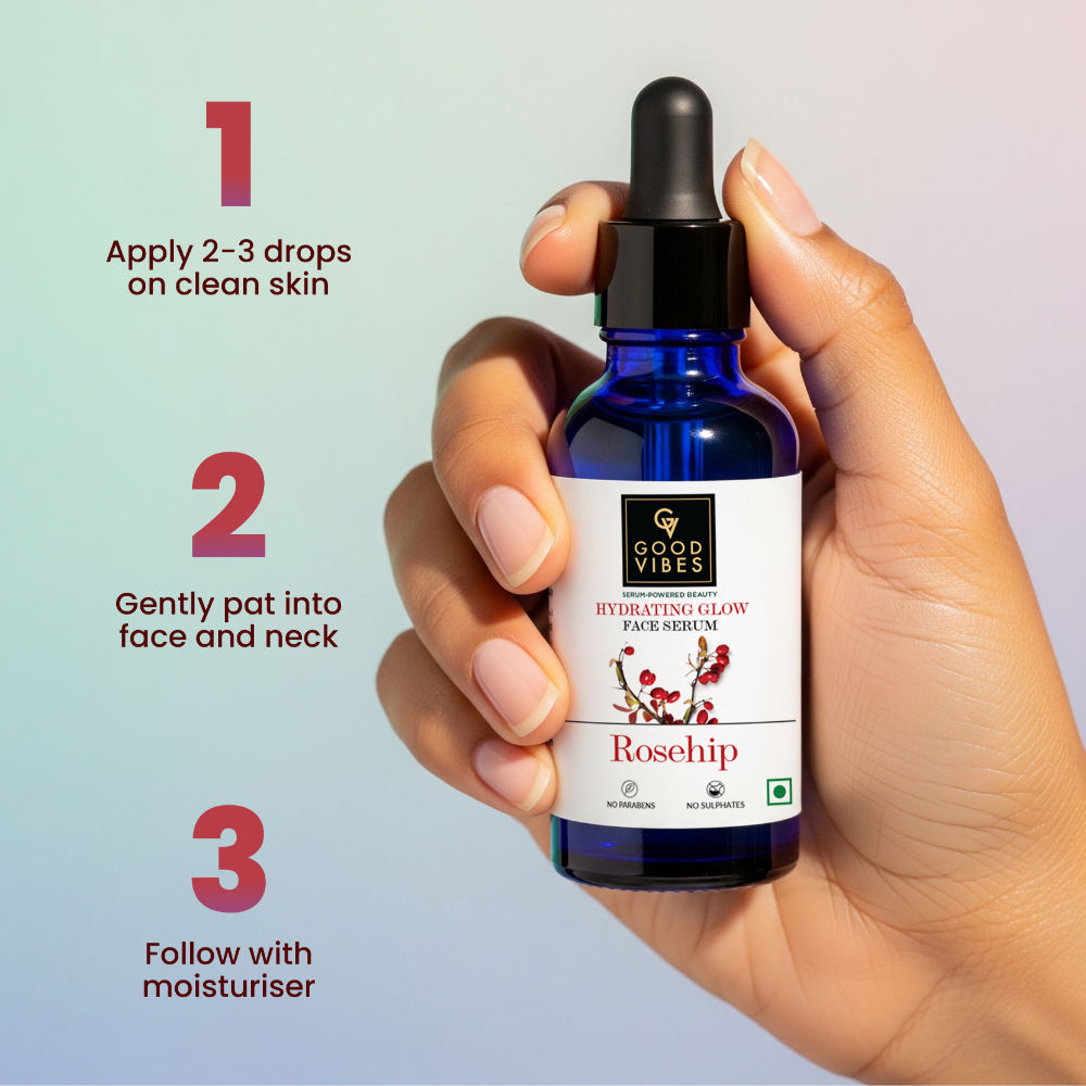 Good Vibes Rosehip Hydrating Glow Face Serum | Free 50% Product Extra | Light, Non-Sticky, Brightening | With Vitamin E | No Parabens, No Sulphates, No Animal Testing (15 ml) - Good Vibes image 5