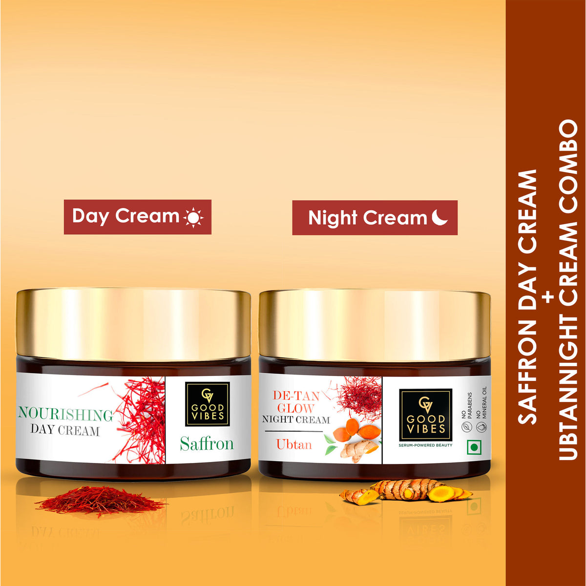 Good Vibes Saffron Day Cream and Ubtan De-tan Night Cream Combo (Set of 2) - Good Vibes De-Tan Glow Night Cream Ubtan with Power of Serum (50 gm) + Good Vibes Saffron Nourishing Day Cream (50 gm) Combo of 2 - Good Vibes