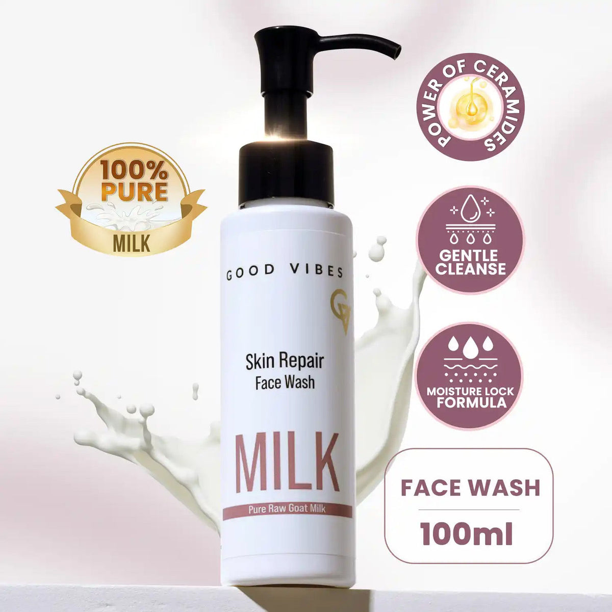 Good Vibes Skin Repair Milk Facewash 100 ml | with 100% Pure raw milk | Power of Ceramides | 40 seconds to soft and supple skin | Cleanser for Oily Skin, Dry Skin, Normal Skin & Sensitive Skin - 100 ml - Good Vibes