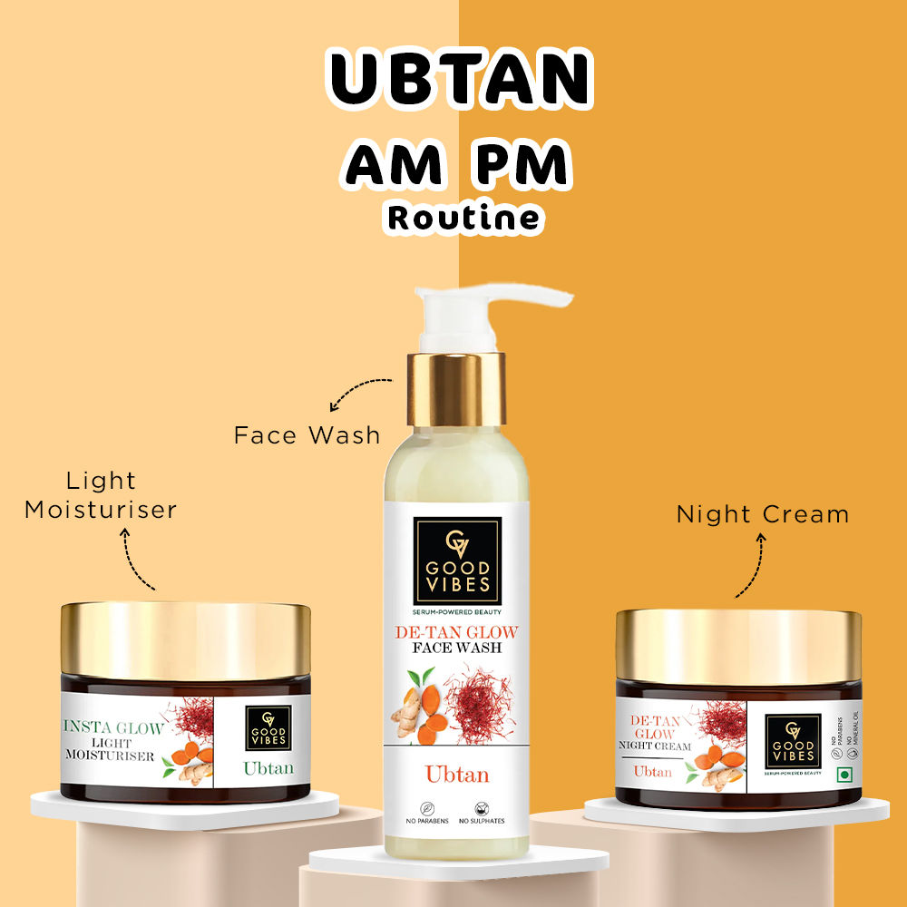Good Vibes Ubtan AM PM Routine: De Tan Glow Face Wash (120 ml) + Insta Glow Moisturizer (50 gm) + De-Tan Glow Night Cream (50 gm) - Good Vibes