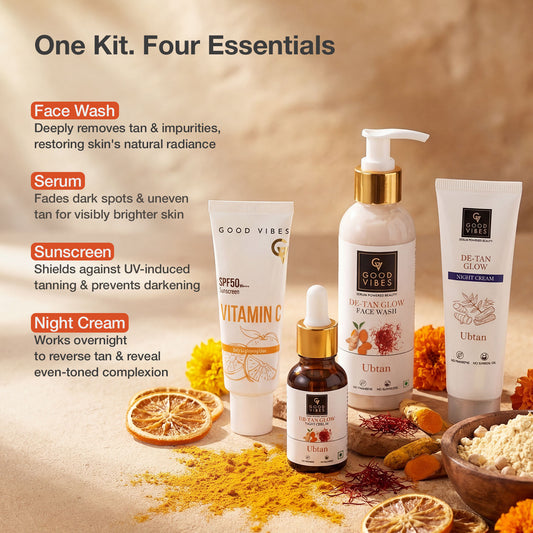 Good Vibes Ubtan De-Tan Glow Kit | Face Wash 120 ml + Face Serum 15 ml + Night Cream 30 gm + Vitamin C SPF 50 PA++++ Sunscreen 50 gm | Combo of 4 - Good Vibes image 2