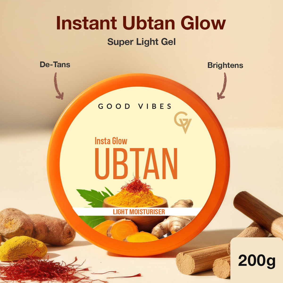 Good Vibes Ubtan Super Light Gel Moisturiser | With Hyaluronic Acid & Niacinamide | Lightweight Hydration & Bright Glow | De-Tans & Evens Skin Tone | Brightens Dull, Uneven Skin | Non-Sticky Daily Moisturiser for All Skin Types – 200 gm - Good Vibes
