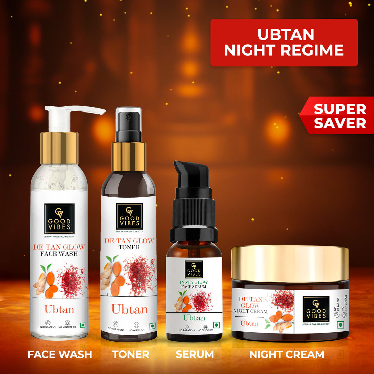 Good Vibes Ubtan Night Care De- tan Glow with (Face wash 120ml + Toner 120ml+ Serum 30ml + Night cream 50 gm) - Good Vibes