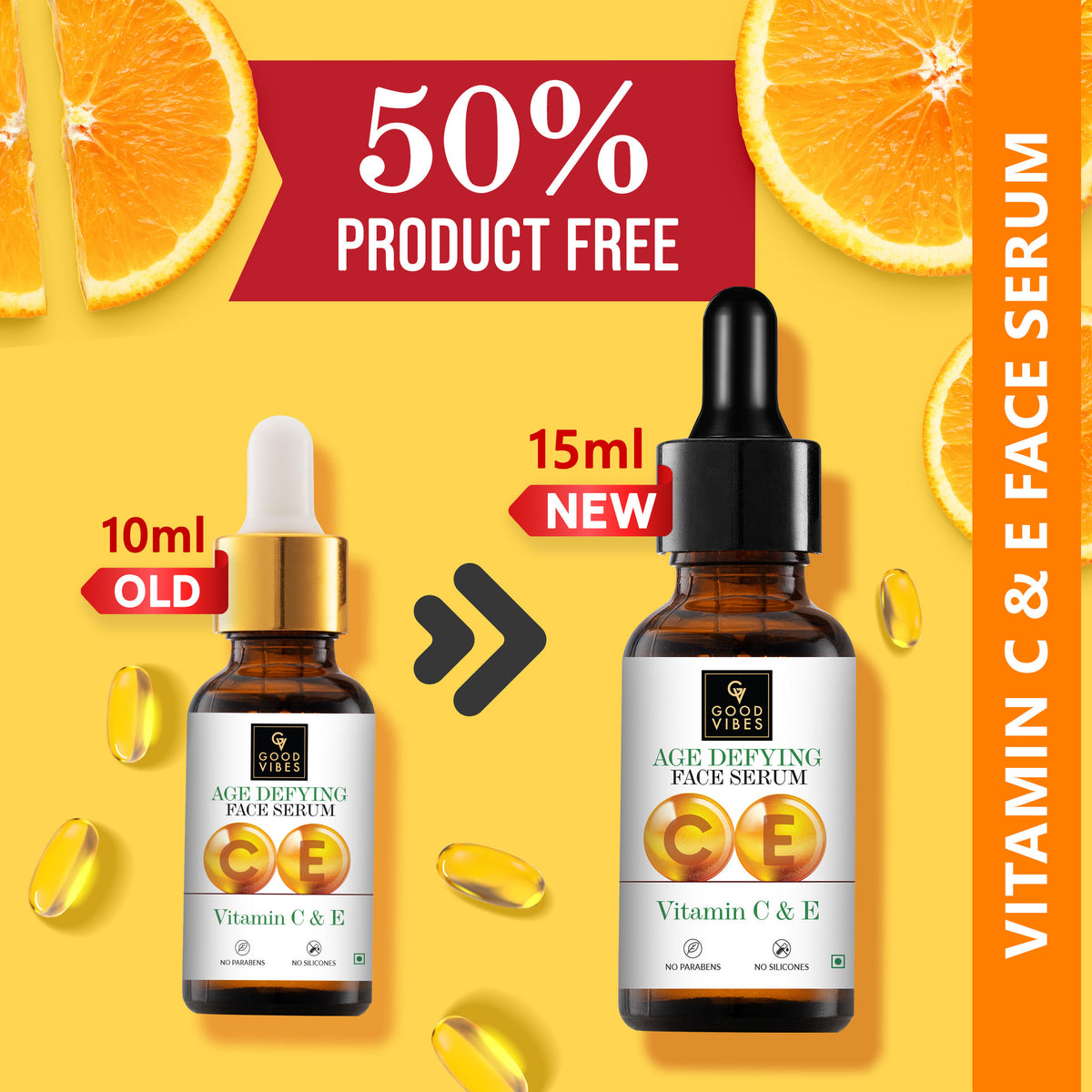 Good Vibes Vitamin C & E Age Defying Face Serum | Free 50% Product Extra | Fast Absorption | With Orange | No Parabens, No Silicones, No Sulphates, No Animal Testing (15 ml) - Good Vibes