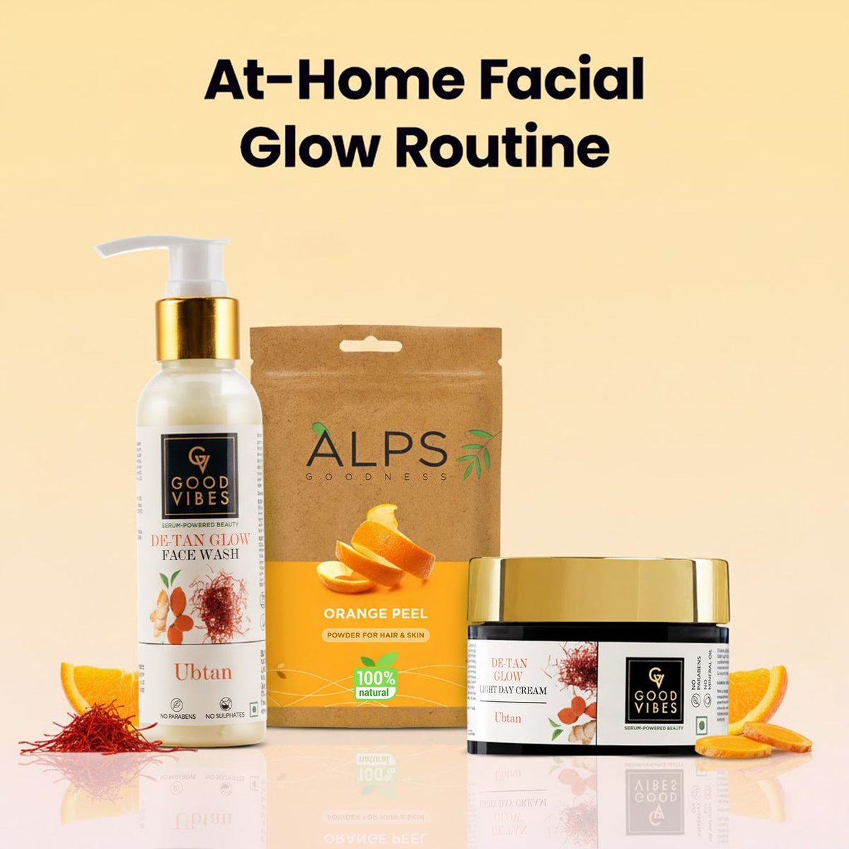 Good Vibes x Alps Goodness At-Home Facial Glow Routine (Combo of 3) | Ubtan Insta Glow Face Wash (120 ml) | Ubtan Insta Glow Light Day Cream (50 gm) | Orange Peel Powder (50 gm) - Good Vibes