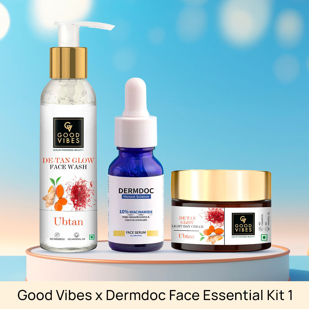 Good Vibes x Dermdoc Face Essential Kit 1 - (Good Vibes De Tan Glow Face Wash (120 ml) + DERMDOC 10% Niacinamide Face Serum (15 ml) + Good Vibes Ubtan De-tan Glow Light Day Cream (50 gm)) - Good Vibes