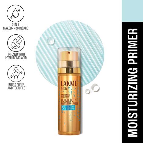 Lakme 9to5 Double Duty Moisturiser + Primer with 5% Hyaluronic Acid Compex, For Intense Hydration, Blurs Pores, Long-Lasting - 30 g