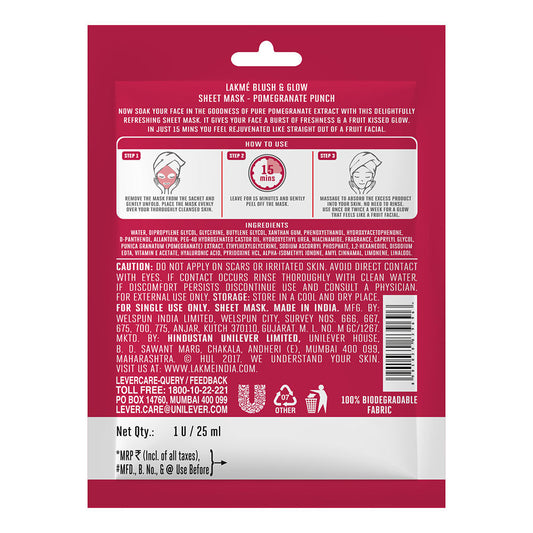 Lakme Blush & Glow Pomegranate Sheet Mask, 20 ml - Image 2