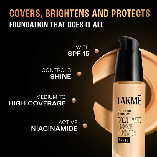 Lakme Forever Matte Longwear Foundation, Warm Beige,25 ml, With Active Niacinamide & SPF 15 - Image 2