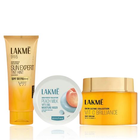 Lakme Hydration + Barrier Care Combo (Peach Milk Moisturizer 200 g + Vitamin C Day Cream 50 g + Tinted Sunscreen SPF 50 50 ml) Combo of 3