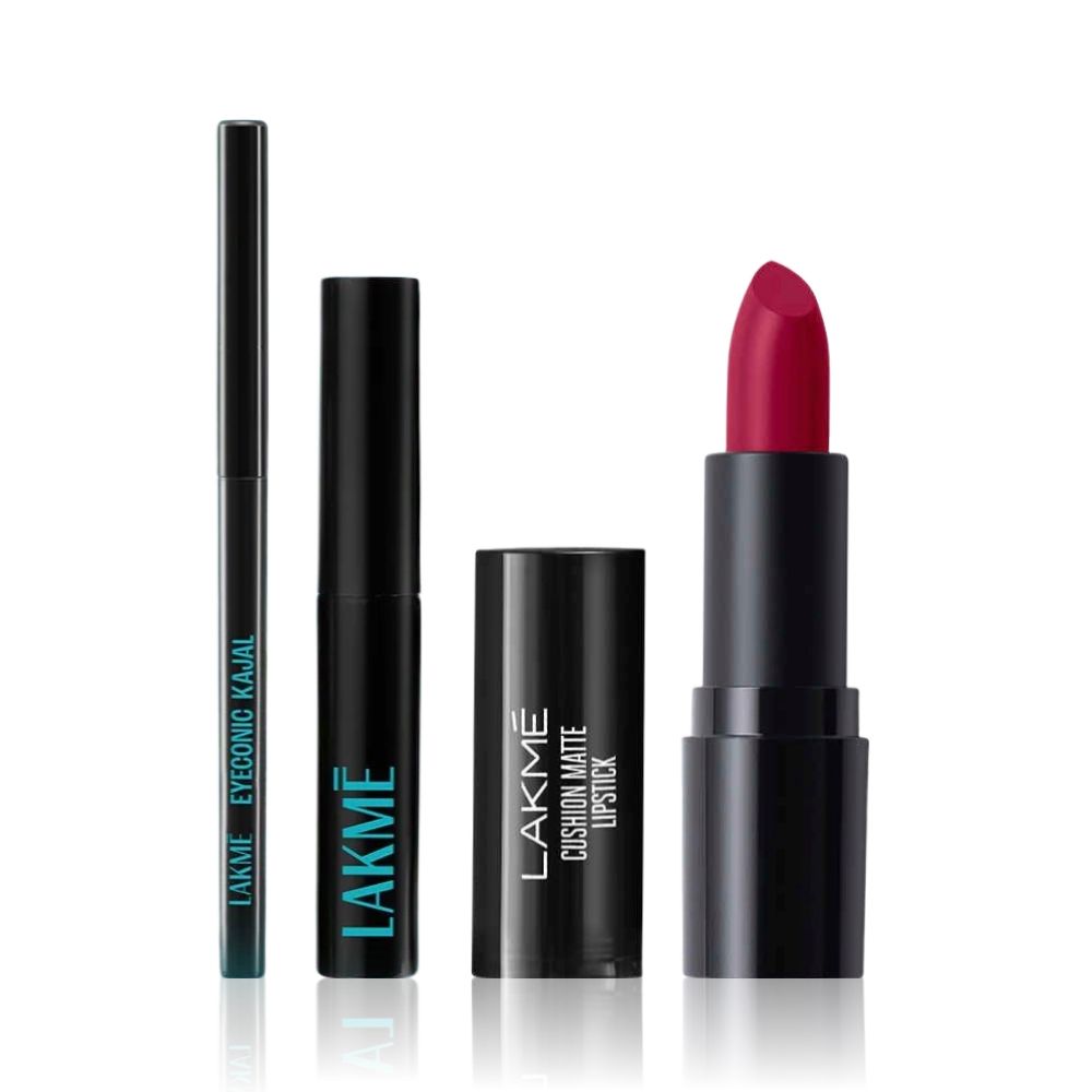 Lakme Makeup Trio (Forever Matte Lipstick Made With French Rose Oil Extracts Red Aurora (4.5 g) + Eyeconic Kajal Deep Black (0.35 g) + 9 to 5