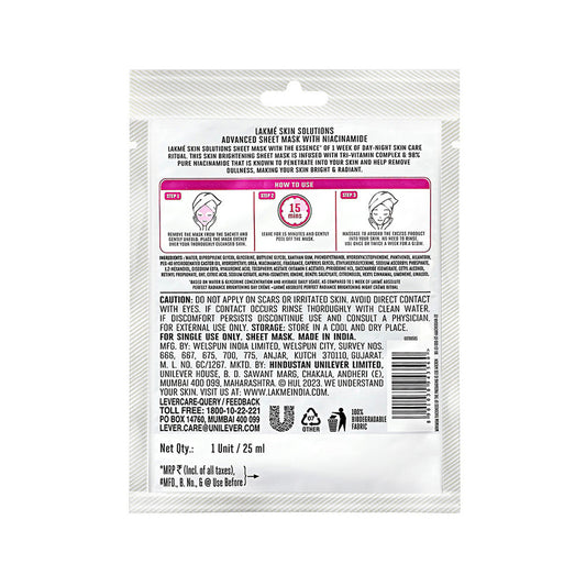 Lakme Skin Solutions Sheet Mask Brightening with Niacinamide 25 ml - Image 2