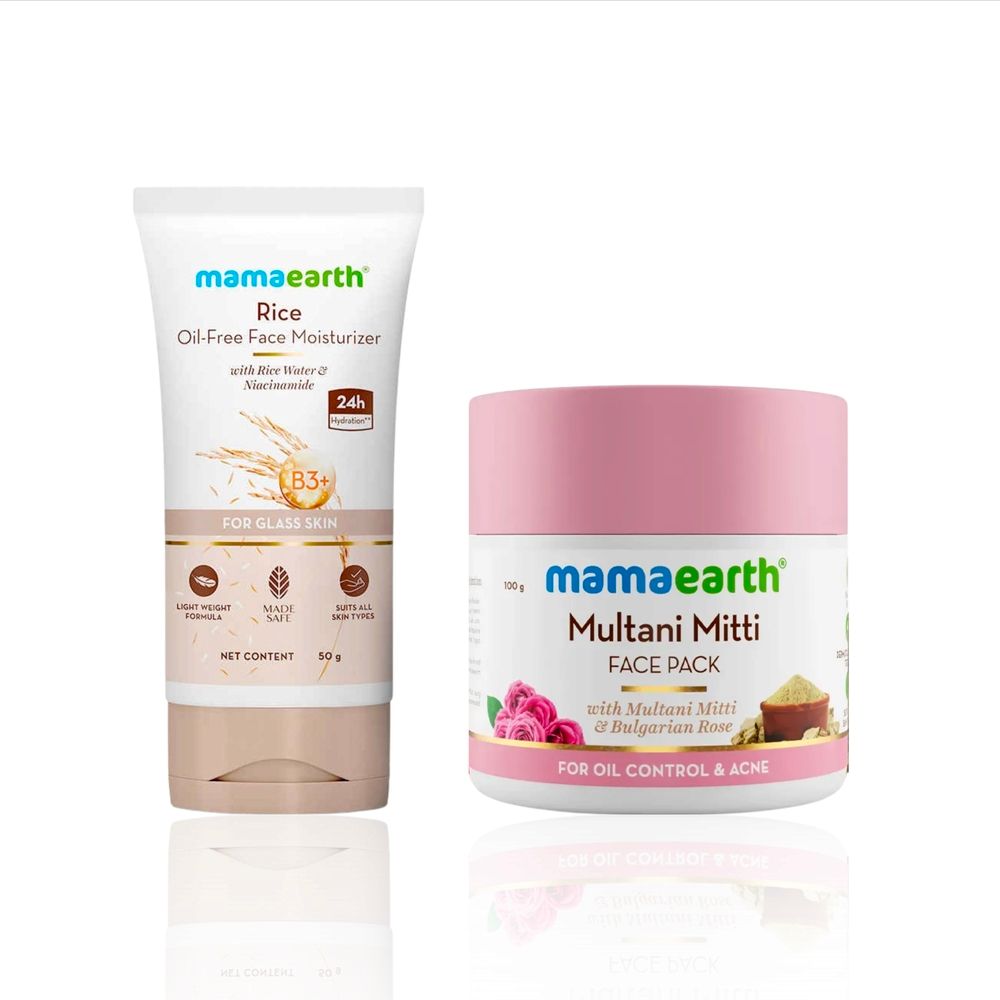 Mamaearth Acne & Oil Control Combo: Multani Mitti Oil Balance Face Pack 200 gm + Rice Oil-Free Face Moisturizer 50 gm β Controls Oil, Reduces Acne & Gives Clear, Healthy Skin - Combo of 2