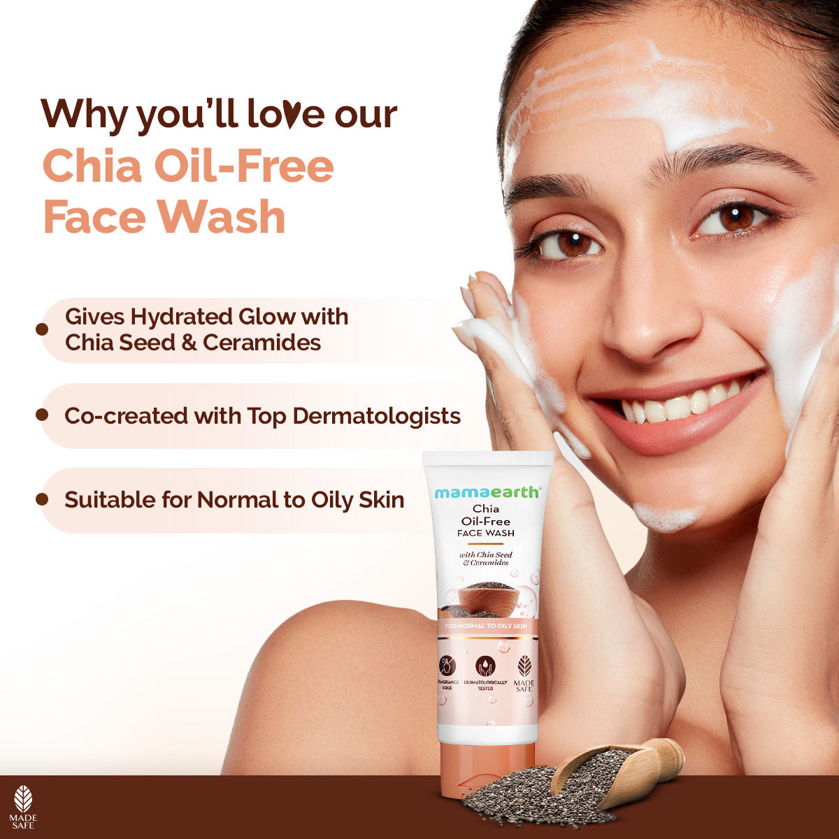 Mamaearth Chia Oil-Free Face Wash with Chia Seed & Ceramides for Normal to Oily Skin 100 ml |hydrated glow| Co-Created with Dermats | Strengthens Skin's Natural Barrier | OilFree Formula | Cleanses Deeply| Fragrance&Soap Free - Image 5