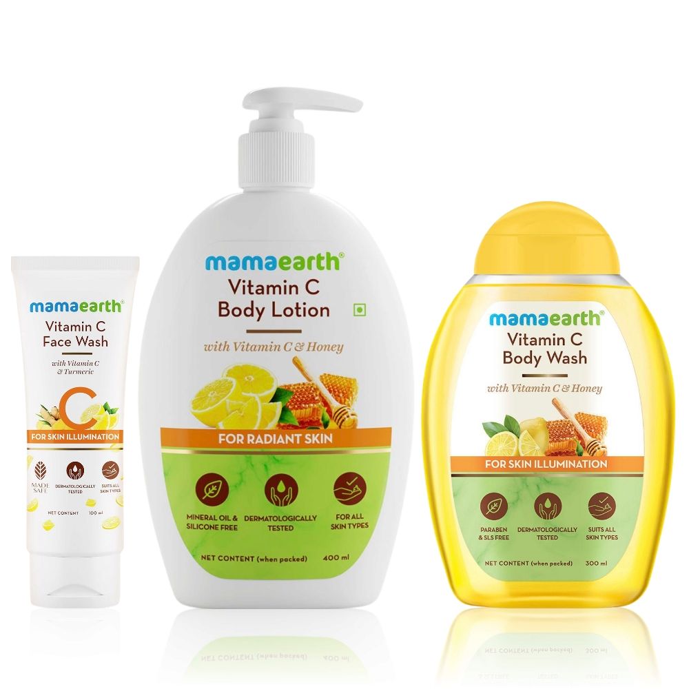 Mamaearth Fresh Essentials Combo (Vitamin C Body Wash-300 ml + Vitamin C Body Lotion-400 ml + Vitamin C Face Wash-100 ml)