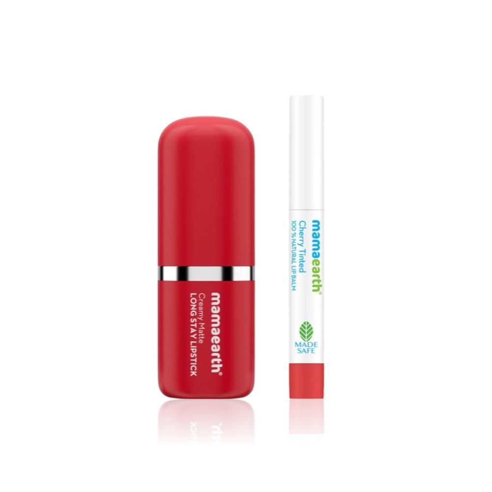 Mamaearth Lip Glow & Long Stay Combo of 2 (Creamy Matte Lipstick | Tulip Magenta 4.2 gm + Cherry Tinted 100% Natural Lip Balm 2 gm)