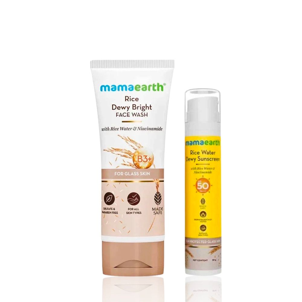 Mamaearth Rice Face Wash With Rice Water & Niacinamide for Glass Skin + Rice Water Dewy Sunscreen with Rice Water & Niacinamide Skincare kit, Combo of 2