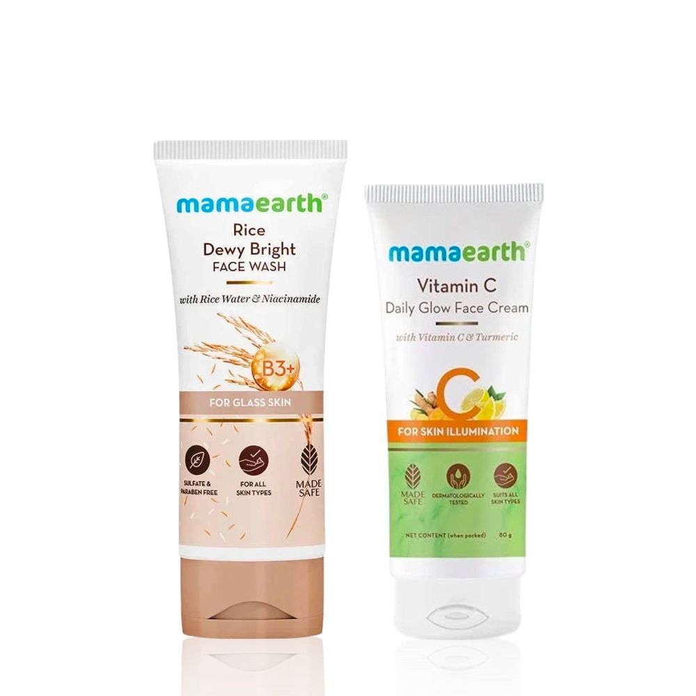 Mamaearth Vitamin C Daily Glow Face Cream With Vitamin C & Turmeric for Skin Illumination + Rice Face Wash With Rice Water & Niacinamide for Glass Skin Skincare kit, Combo of 2