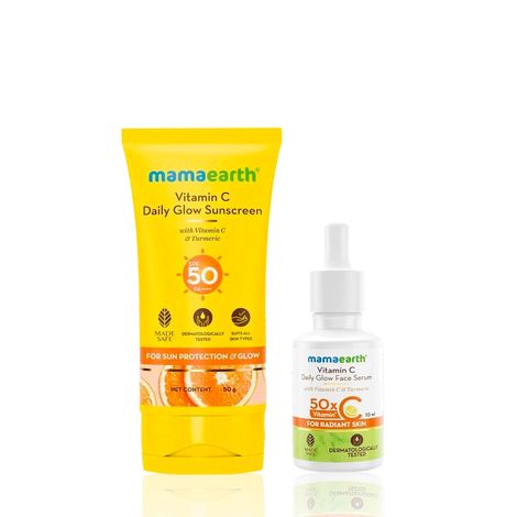 Mamaearth Vitamin C Daily Glow Face Serum with Vitamin C & Turmeric For Radiant Skin + Vitamin C Daily Glow Sunscreen with SPF 50 & PA+++ for Sun Tan Protection & Glow Skincare kit, Combo of 2