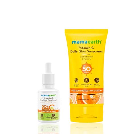 Mamaearth Vitamin C Daily Glow Sunscreen with SPF 50 & PA+++ for Sun Tan Protection & Glow + Vitamin C Daily Glow Face Serum with Vitamin C & Turmeric For Radiant Skin Skincare kit, Combo of 2