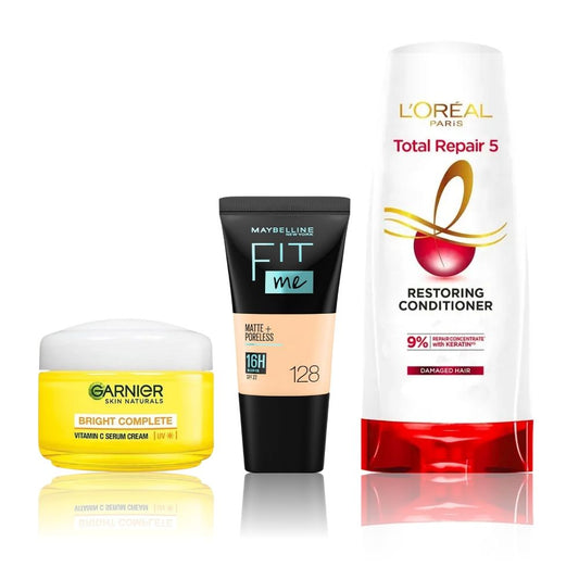Maybelline x Garnier x L'Oreal Paris Most Loved Combo 2 (Maybelline Fit Me foundation, 128 Warm Nude (18 ml), Garnier Bright Complete Vitamin C Yogurt night Cream (4 - image 2