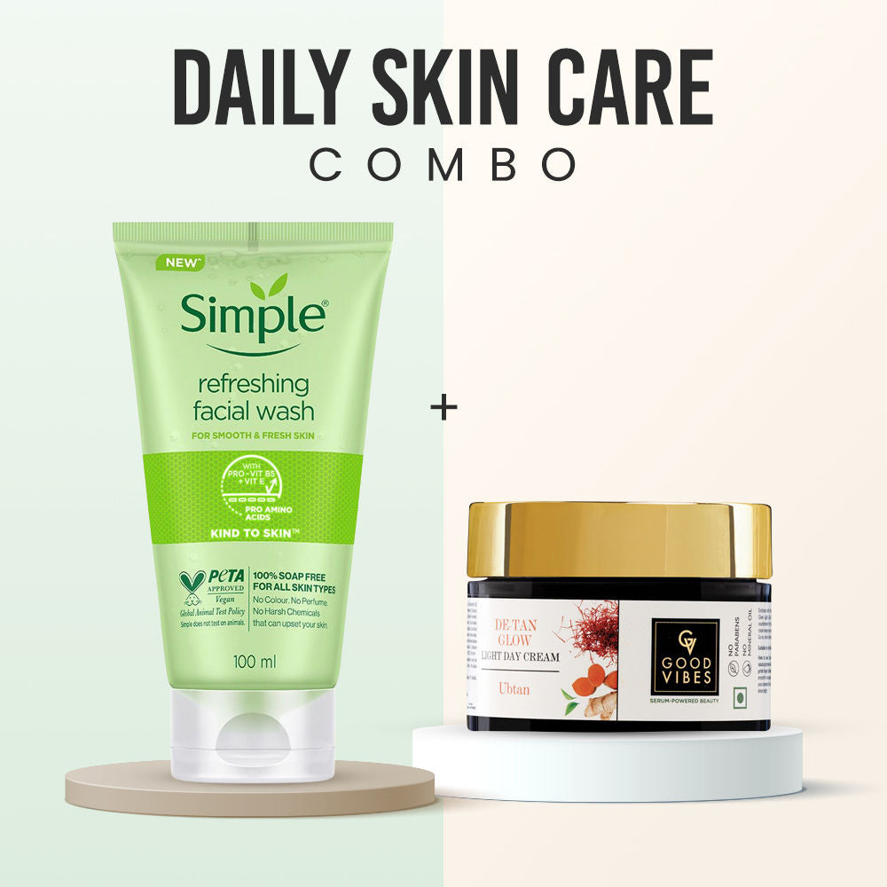 Simple & Good Vibes Glow Duo (Combo of 2) | Refreshing Face Wash (100 ml) | Ubtan De-tan Glow Light Day Cream (50 gm) | Gentle Cleansing & Brightening - Good Vibes