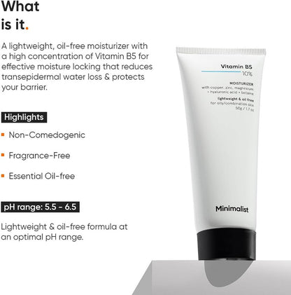 Minimalist 10% Vitamin B5 Oil-Free Moisturizer with Zinc, Copper, Magnesium & HA