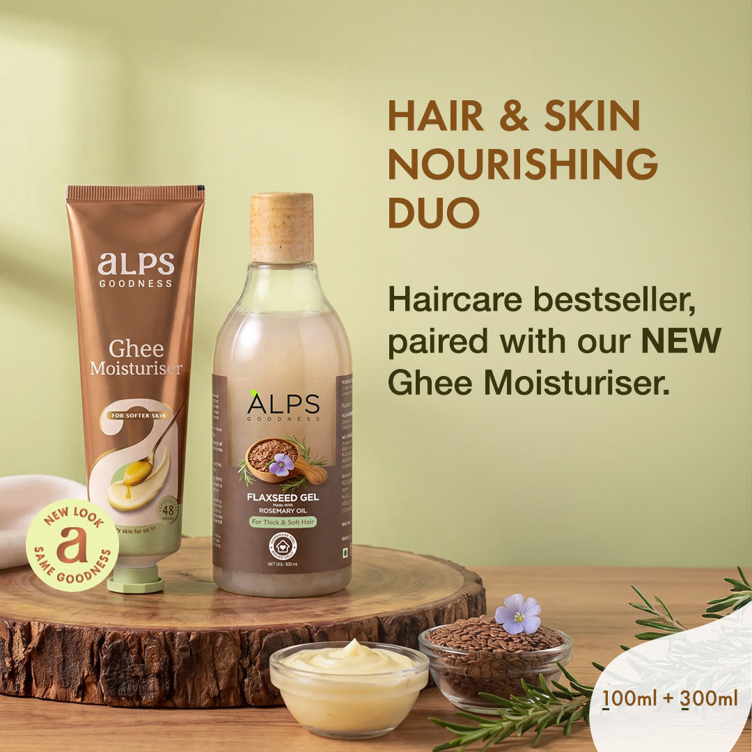 Alps Goodness Hair & Skin Nourishing Duo – Flaxseed Gel with Rosemary Hair Mask (300 ml) + Ghee Moisturiser (100 gm) - Alps Goodness