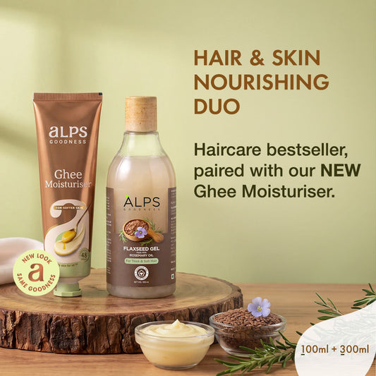 Alps Goodness Hair & Skin Nourishing Duo – Flaxseed Gel with Rosemary Hair Mask (300 ml) + Ghee Moisturiser (100 gm) - Alps Goodness