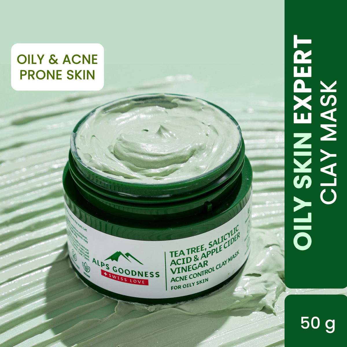 Alps Goodness Acne Control French Green Clay Mask for Oily Skin with Tea Tree Apple Cider Vinegar & Salicylic Acid (50 gm) – Acne Control Clay Mask - Alps Goodness