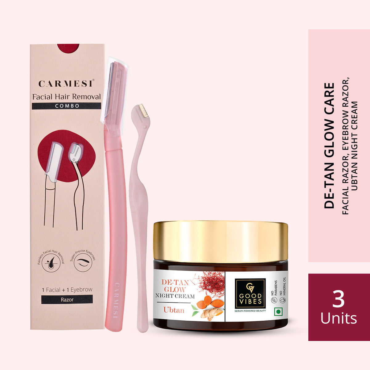 Good Vibes x Carmesi (De-tan Glow With Good Vibes Ubtan Night Cream (50 gm) x Carmesi Natural Facial Hair Combo (1 Facial + 1 Eyebrow Razor)) - Good Vibes
