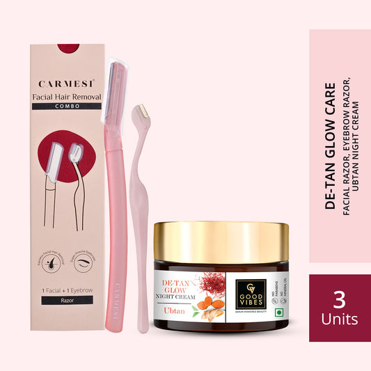 Good Vibes x Carmesi (De-tan Glow With Good Vibes Ubtan Night Cream (50 gm) x Carmesi Natural Facial Hair Combo (1 Facial + 1 Eyebrow Razor)) - Good Vibes