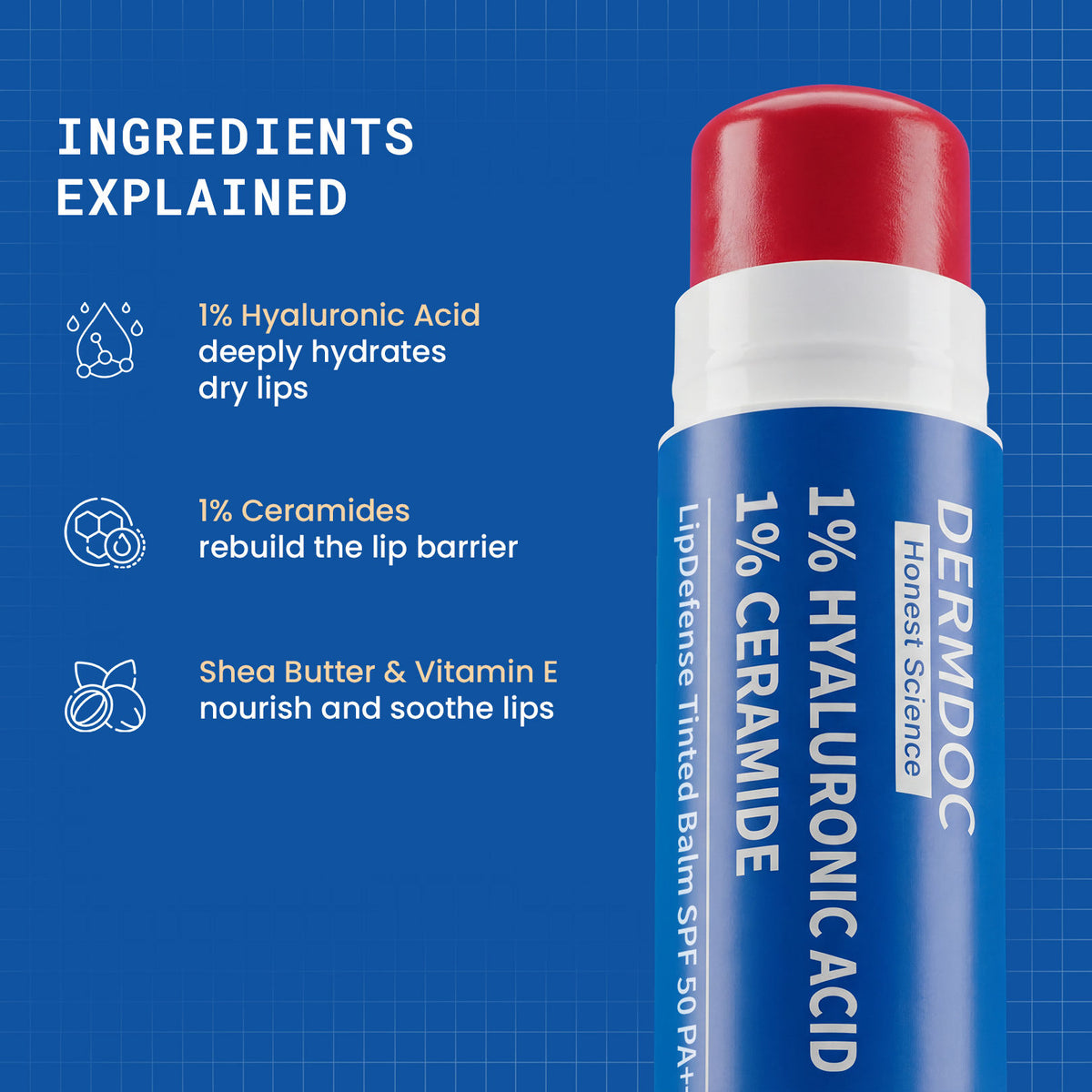 DermDoc 1% Hyaluronic Acid + 1% Ceramide Berry Tinted Lip Balm SPF 50 PA+++ 4 gm - image 3